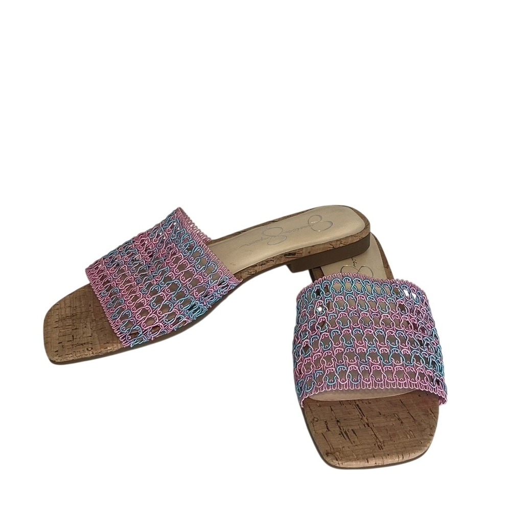 Jessica Simpson Women's Sz 8 Slip On Blue Pink Pastel Mesh Faux Cork Sandals